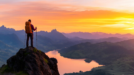 Fototapeta premium Hiker Sunrise Mountaintop Lake View.
