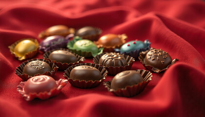 Assorted Wrapped Chocolate Candies on Red Fabric for World Chocolate Day