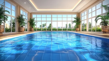 Luxurious indoor swimming pool with large windows overlooking city views.