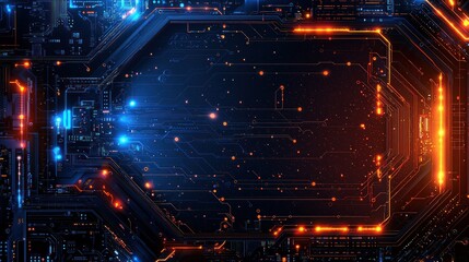 Fototapeta premium Glowing circuit board frame with data flow on dark background, ideal for tech presentations