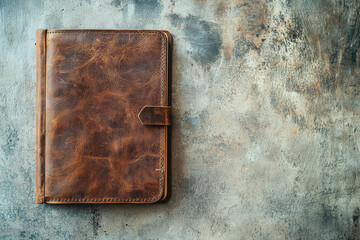 Closed leather notebook resting on grunge concrete surface