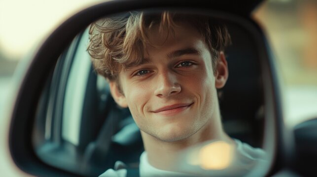 Happy young man smiling in car side view mirror during safe journey, soft natural light reflecting on his face, fresh colors, outdoor driving scene.
