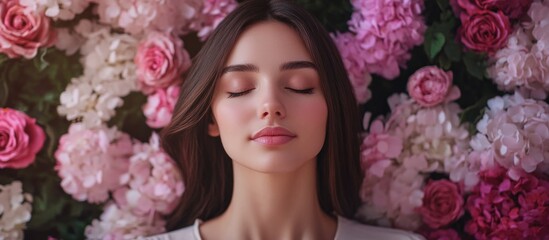 Naklejka premium Beautiful woman with closed eyes surrounded by soft pink and white roses in a serene floral backdrop ideal for elegant text placement.