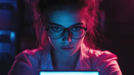 Engineer woman with glasses using tablet in illuminated server room at night with blue and pink lighting for cybersecurity maintenance and database management.
