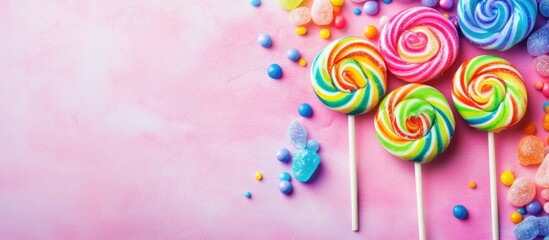 Colorful Lollipops and Candy on Pink Background with Joyful Little Girl Smiling in Candy Shop Surrounded by Sweets and Copyspace for Text