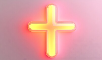 Fototapeta premium Glowing yellow cross on pink background.