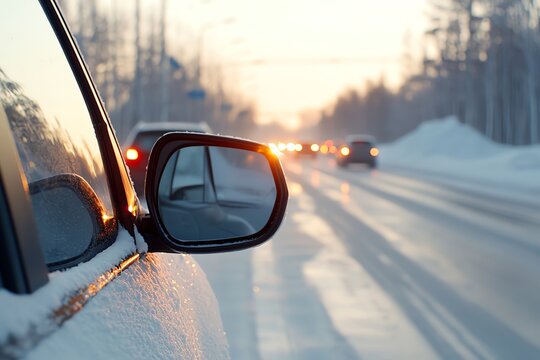 A scenic winter road captured at sunset, showcasing icy surfaces, vehicle side mirror reflections, and distant traffic against a backdrop of snow-covered trees and fading sunlight.