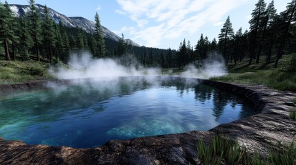 Serene hot spring surrounded by lush forest and misty mountains.
