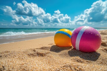 Obraz premium Playful beach balls on a sunny sandy shore tropical beach high fidelity photography vibrant environment close-up view fun concept