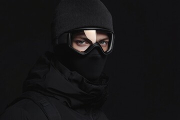 Stylish young man in black ski mask and goggles against dark background, providing vast empty space for branding and textual overlay