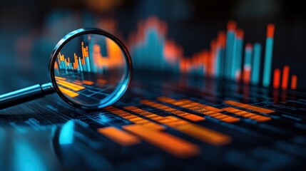 Magnifying glass focused on financial data charts on a digital screen.
