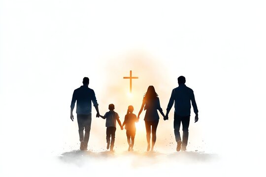 Silhouetted family holding hands, walking towards a glowing cross in a tranquil, ethereal landscape, symbolizing unity, faith, and spiritual connection. - Powered by Adobe