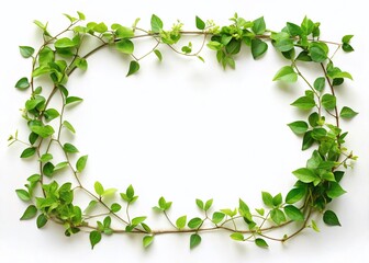 Lush Green Curly Creeper Plant Border Frame with Twigs and Leaves on White Background - Stock Photo