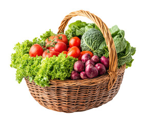 Fototapeta premium Harvest of fresh vegetables and lettuce in a rustic basket captured in high fidelity natural light setting vibrant colors healthy eating concept isolated on transparent background