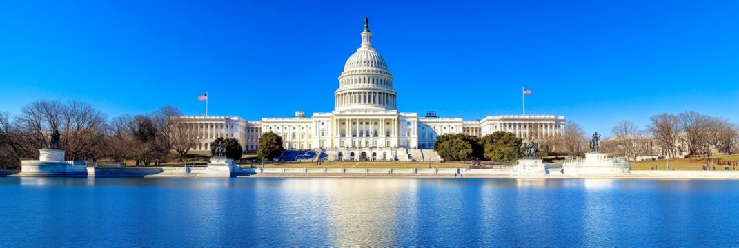 United States Capitol Building Panorama - Majestic capitol dome, reflecting pool, clear sky, winter trees, governmental architecture. Symbolizes democracy, power, governance, nation, and history.