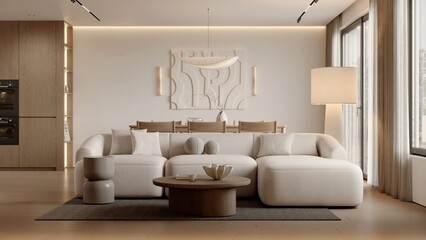 Stylish scandinavian living room with design furniture, plants, bookstand and wooden desk. Brown wooden parquet. Abstract painting on the white wall. Nice apartment. Modern decor of bright room.