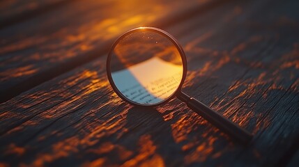 Magnifying glass over text on wooden surface at sunset.