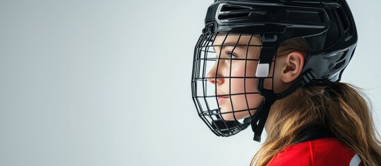 Side profile of female hockey player in helmet and red jersey, radiating determination and preparation. Simple backdrop highlights her resilience and focus.