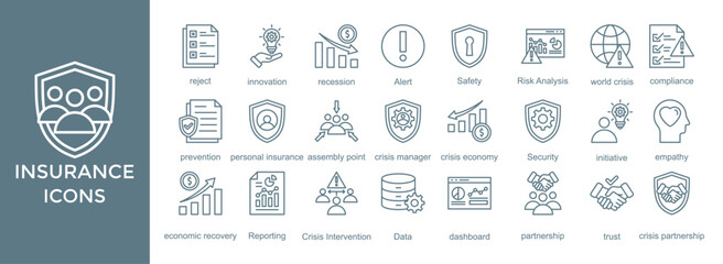 insurance icon set. with icon personal insurance,family insurance,assembly point,crisis manager,crisis economy