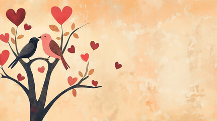 Lovebirds on Heart Tree Illustration - Romantic Valentine's Day Design