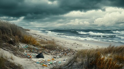 A stormy beach scene with dark clouds overhead, strong waves crashing onto the shore, and debris scattered across the sand