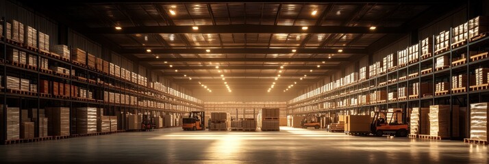 Obraz premium Large retail warehouse filled with shelves stocked with goods in cartons