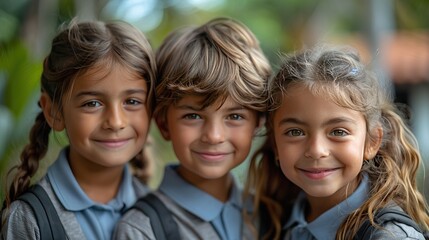 Fototapeta premium Joyful first-graders proudly wearing their new school uniforms on the first day of school. Let your child start the year with confidence. Happy children, happy parents