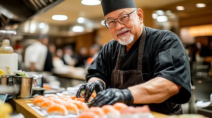 Senior chef preparing sushi, restaurant kitchen