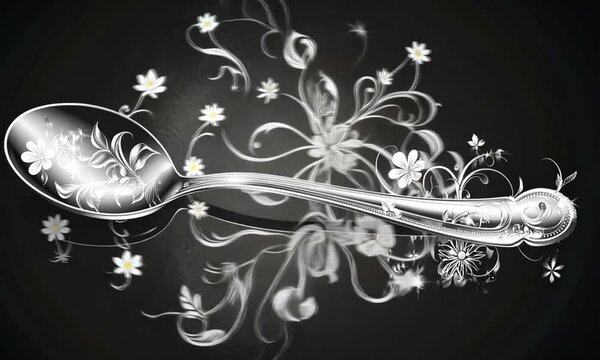 Ornate Silver Spoon with Floral Design, Reflected on Black Background