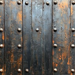 Fototapeta premium Rusted metal planks with rivets on exterior wall, industrial background, possible building material