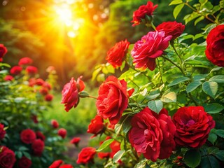 Lush Red Bush Roses Blooming in Summer Garden, Vibrant Nature Flower Background