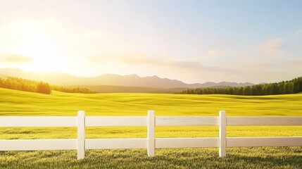 Fototapeta premium White Fence Across Golden Meadow - Serene landscape; white fence symbolizes boundaries, golden field represents abundance, sun signifies hope, mountains depict strength, green grass shows renewal.