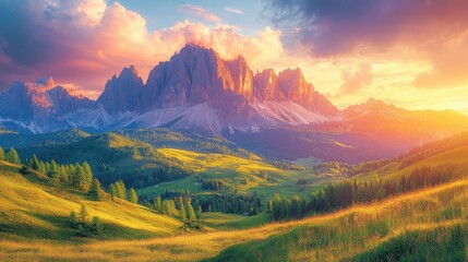 Majestic mountain range at golden sunset over rolling hills.