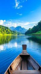 Fototapeta premium Scenic river cruise with traditional boat, lush mountains and clear sky