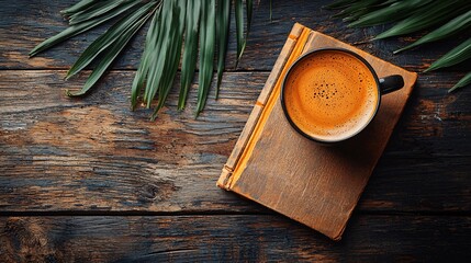 Technology basics manual placed beside a coffee mug on a wooden table Stock Photo with side copy space