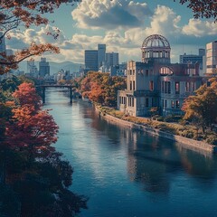 Fototapeta premium Captivating Panoramic View of Historic Hiroshima Cityscape with Iconic A Bomb Dome