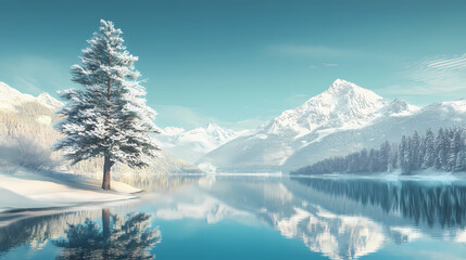 Obraz premium Snowy fir tree stands alone by a tranquil, turquoise lake, reflecting snowcapped mountains under a clear blue sky. Snowcap. Illustration