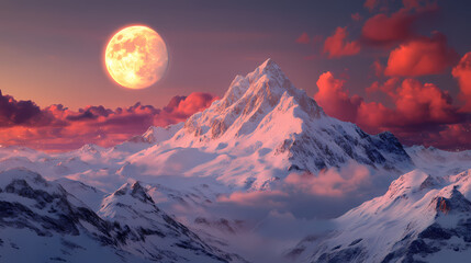 Supermoon glows over snowcapped mountain at golden hour. Snowcap. Illustration