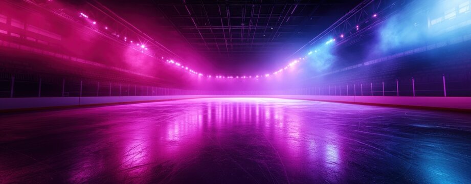 Empty hockey rink under vibrant pink and blue spotlights, showcasing untouched ice surface waiting for athletes to bring it to life.