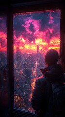 Illustration of City Skyline at Sunset Viewed from Window