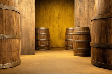 Wooden Barrels in a Cellar - Old wooden barrels, rustic cellar, amber lighting, storage, aged wood. Symbolizes history, tradition, aging process, craftsmanship, and legacy.