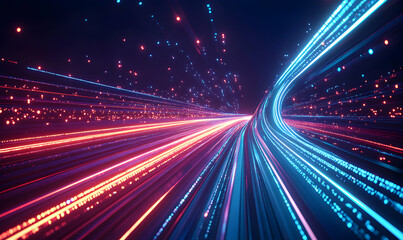 Obraz premium Abstract digital light trails, vibrant neon colors, futuristic technology, data flow, high-speed internet, network connection, glowing streaks.