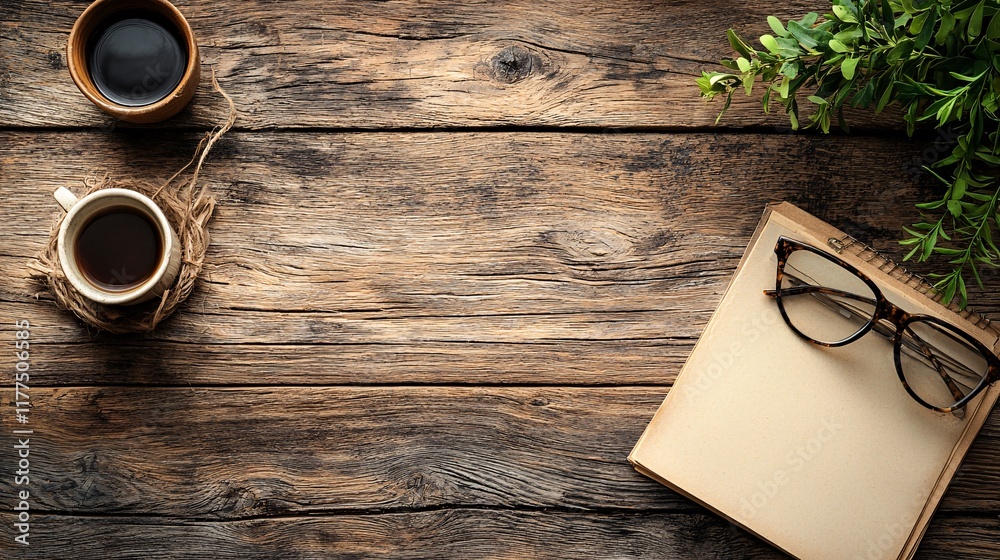 Poster digital communication training materials spread across a neat wooden table stock photo with side cop