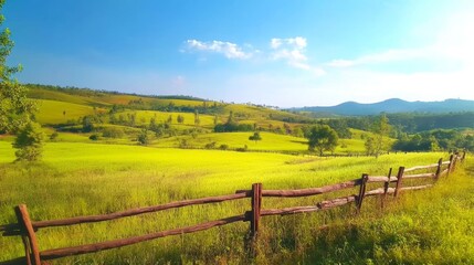 Fototapeta premium Wooden Fence Across Rolling Green Hills - Serene landscape; wooden fence symbolizes boundaries, green hills represent growth, blue sky denotes hope, sunshine signifies warmth, and the overall image ev