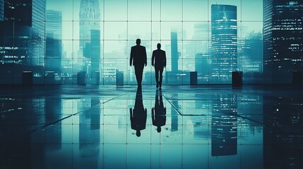 Digital communication dynamics explored in a high-tech corporate environment Stock Photo with side copy space