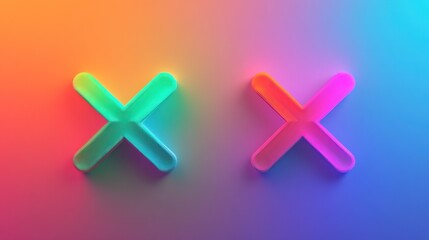 Obraz premium Neon Crosses on Gradient Background: A vibrant digital art piece featuring two three-dimensional crosses in contrasting neon colors against a colorful gradient background.