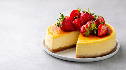 Cheesecake dessert with fresh strawberries on a plate. Grey background. Close up. Copy space.