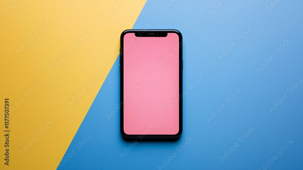 Poster smartphone usage for online shopping displayed on a vibrant and colorful screen stock photo with sid