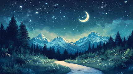 Fototapeta premium Winding path leads eye majestic snowcapped mountains under starlit sky crescent moon supernova adding breathtaking beauty scene. Snowcap. Illustration
