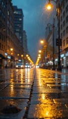 Rainy city street with glowing lamps reflection on wet pavement.